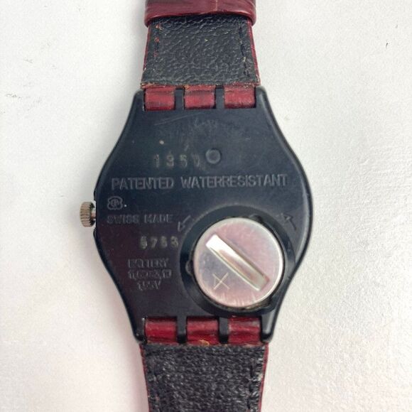 VTG Vintage 1991 SWATCH Gent PLAZA GX121 Unisex Watch Red Leather Band Blue Dial - Picture 5 of 8